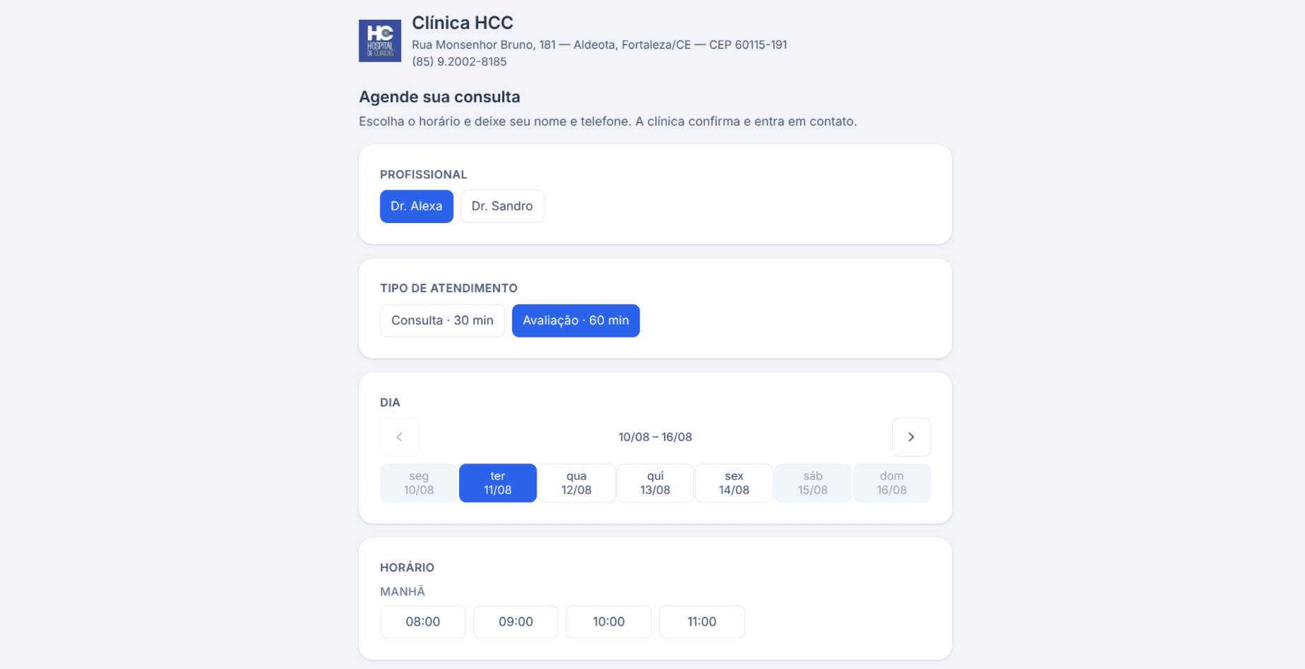 Página pública de agendamento online da clínica no Atendatec, com a escolha de profissional, tipo de atendimento, dia e horário livre