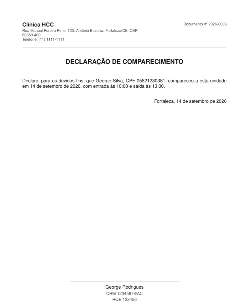 Declaração de comparecimento emitida pelo Atendatec, com o cabeçalho da clínica, o número do documento e a linha de assinatura com o conselho