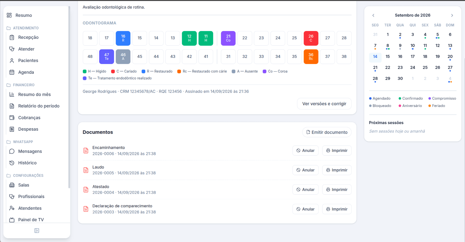 Cartão de documentos de um atendimento no Atendatec, com quatro documentos emitidos, cada um com número, data e os botões de anular e imprimir