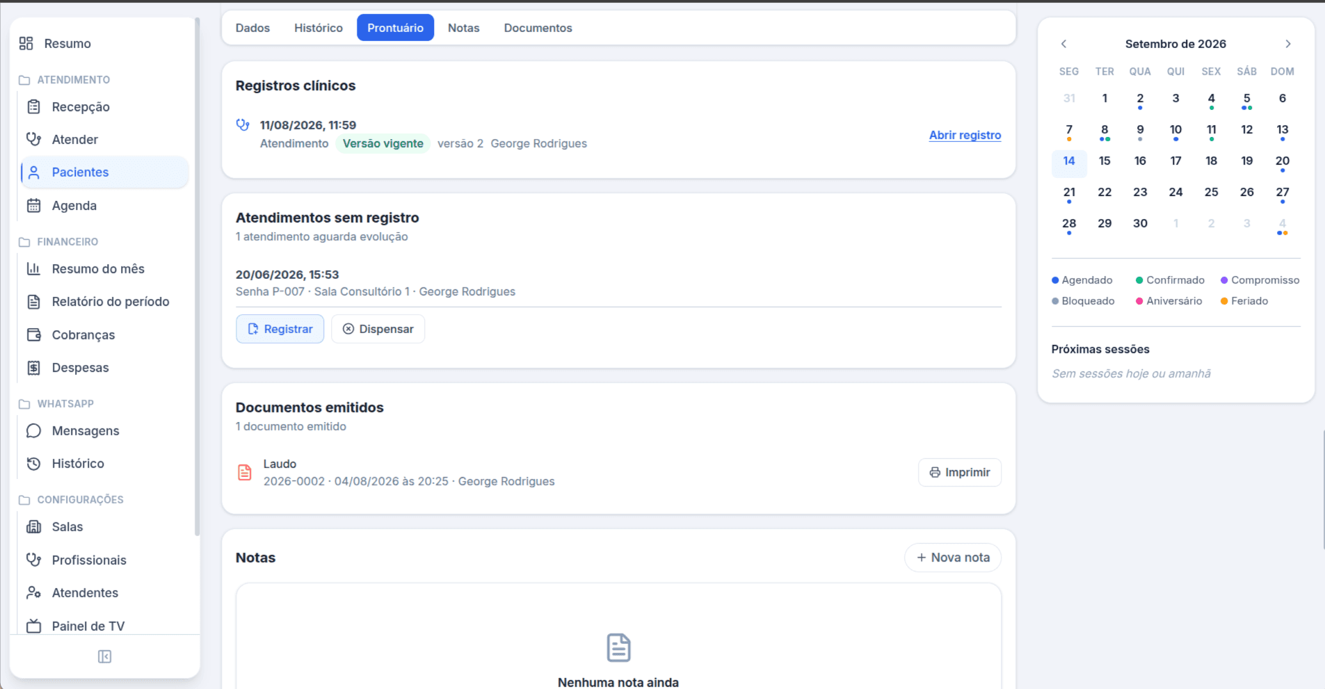 Parte Prontuário da ficha do paciente no Atendatec, com a lista de registros clínicos, os atendimentos sem registro e os documentos emitidos