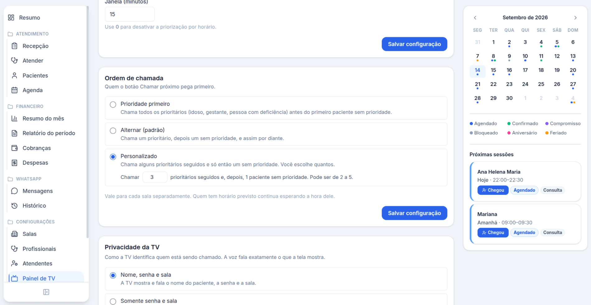 Cartão Ordem de chamada nas configurações do Atendatec, com os três modos e o campo de quantos prioritários seguidos