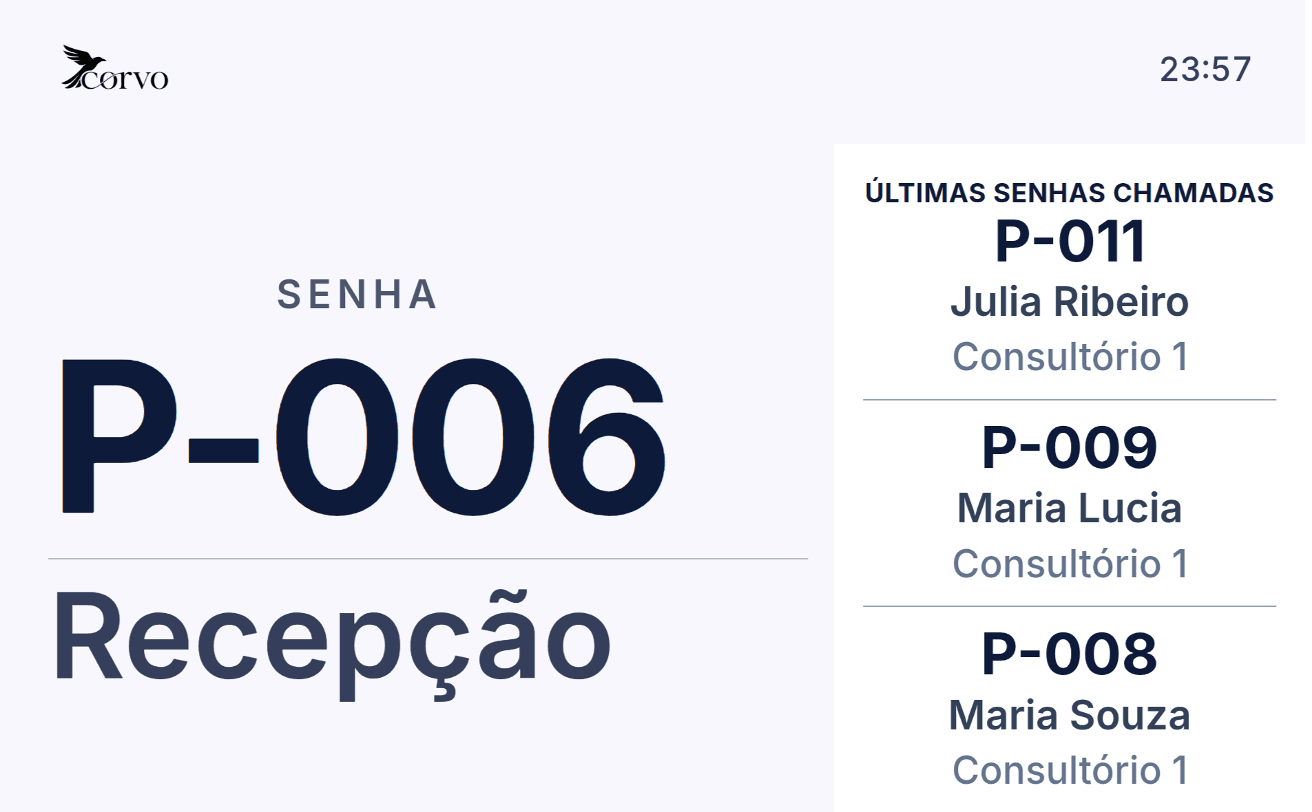 Painel de chamada do Atendatec em uma TV com tema claro, mostrando a senha e a recepção