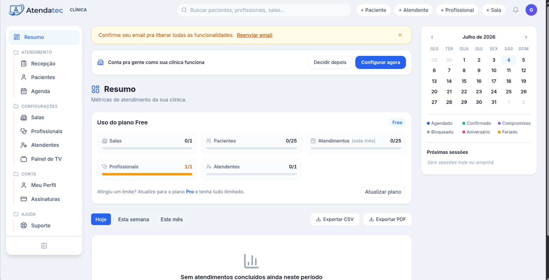 Painel do Atendatec mostrando o uso do plano Grátis, com os limites de salas, pacientes e atendimentos do plano gratuito
